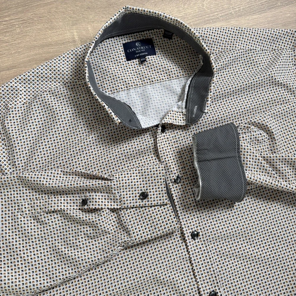 Con.Struct XXL Mens Shirt 4 Way Stretch Geometric‎ Design Slim Poly Spandex